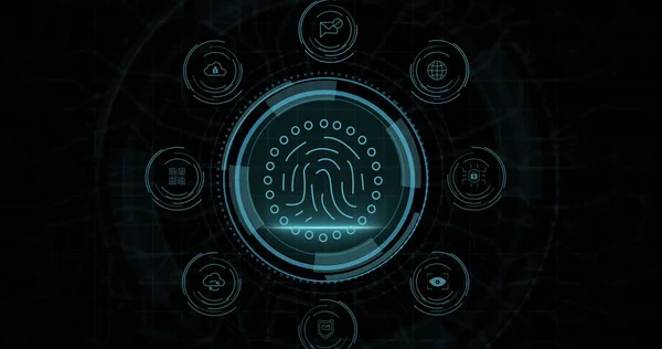 Composition of online security biometric fingerprint icon on black background. Global online security, computing and data processing concept digitally generated image.