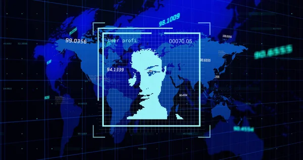 Image of financial data over world map and user photos on black background. business, finance, technology and digital interface concept digitally generated image.