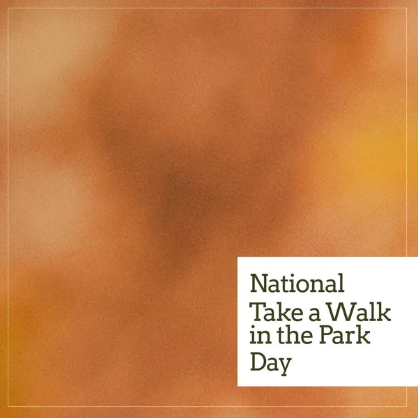 Composite of national take a walk in the park day text in white rectangle against brown background. Copy space, fitness, exercise, active and healthy lifestyle concept.
