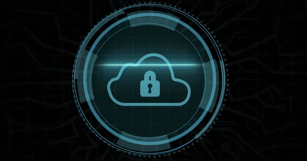 Composition of online security cloud and padlock icon on black background. Global online security, computing and data processing concept digitally generated image.