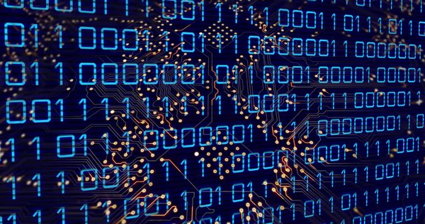 Composition of data processing over computer circuit board on black background. Global technology, computing and digital interface concept digitally generated image.
