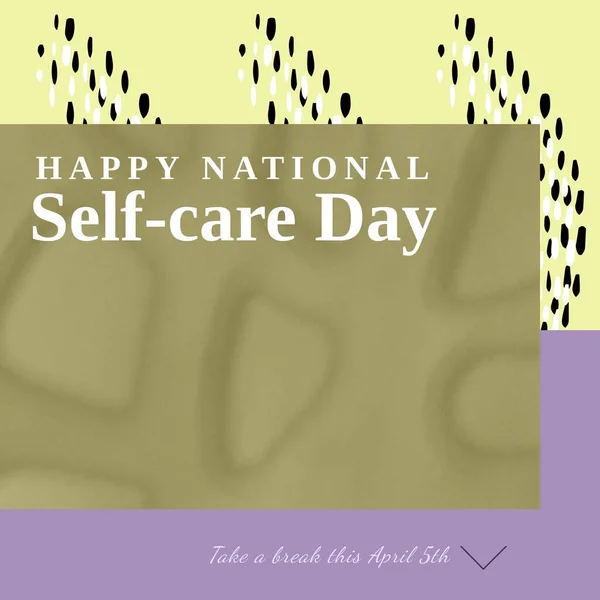 Composition of national self-care day text and copy space over green and pattern background. National self-care day and mental health awareness concept digitally generated image.