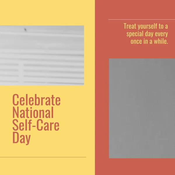 Composition of national self-care day text and copy space over multicoloured background. National self-care day and mental health awareness concept digitally generated image.