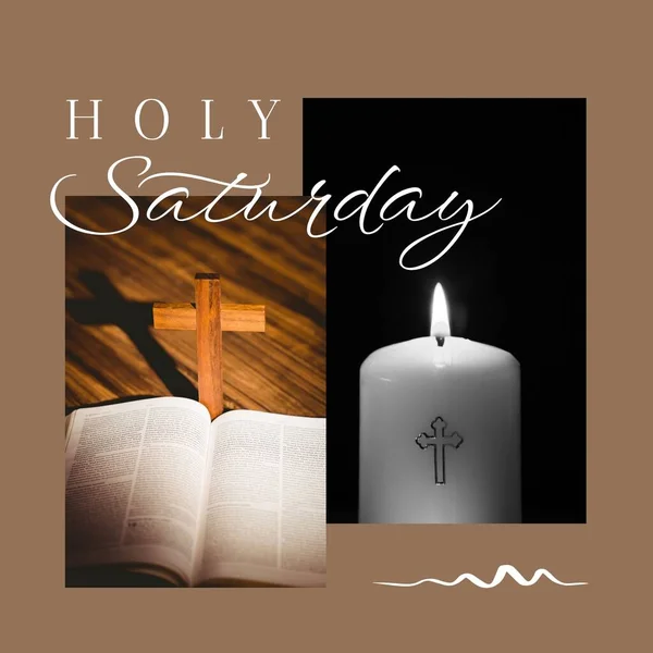 Composition of holy saturday text and christian cross, bible and candle. Easter, religion and faith concept digitally generated image.