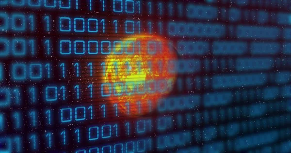 Image of binary code over yellow planet. Computers, data processing, astronomy and cosmos concept digitally generated image,