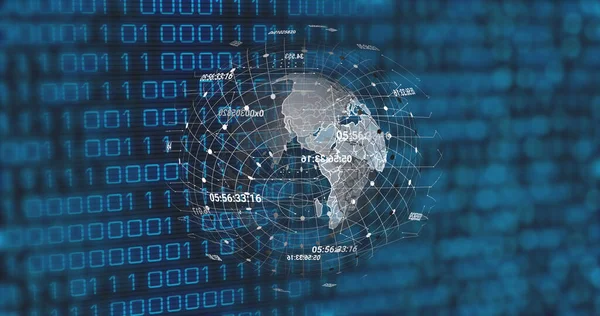 Image of globe and binary code on black background. data processing, network, computers and technology concept digitally generated image.
