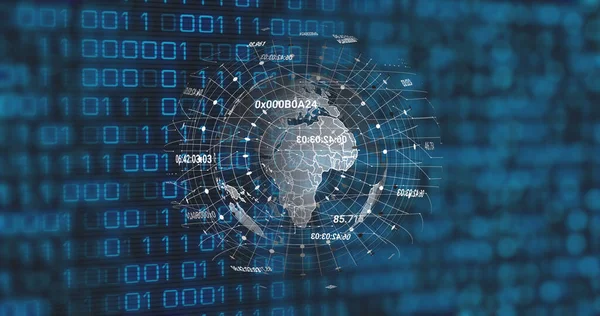 Image of globe and binary code on black background. data processing, network, computers and technology concept digitally generated image.