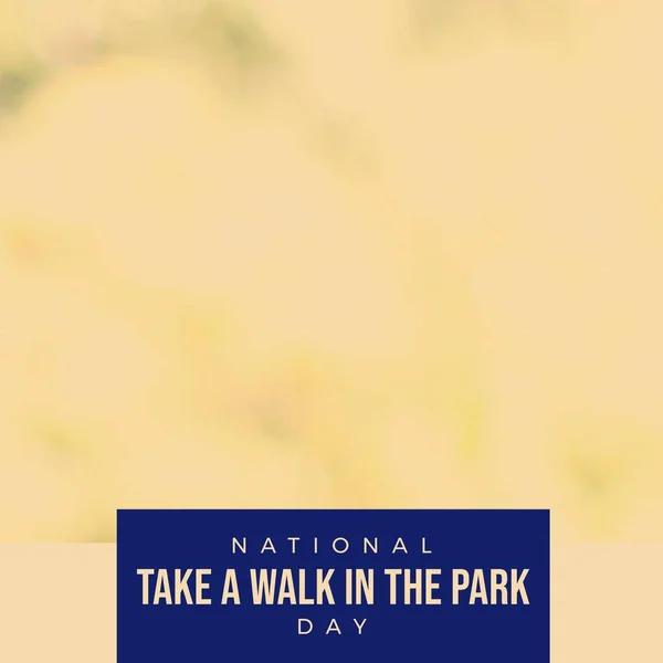 Composite of national take a walk in the park day text in blue rectangle over peach background. Fitness, exercise, active and healthy lifestyle concept.