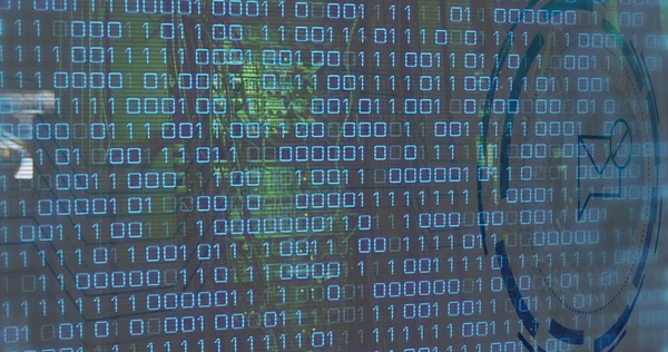 Composite of binary coding and data processing over computer servers. Global networks, business, finances, computing and data processing concept digitally generated image.