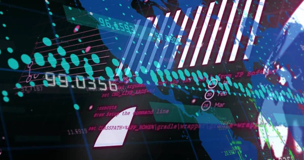 Composition of data processing over world map on black background. Global technology, computing and digital interface concept digitally generated image.