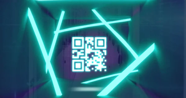 Image of qr code and neon shapes over computer servers. Global connections, computing and data processing concept digitally generated image.