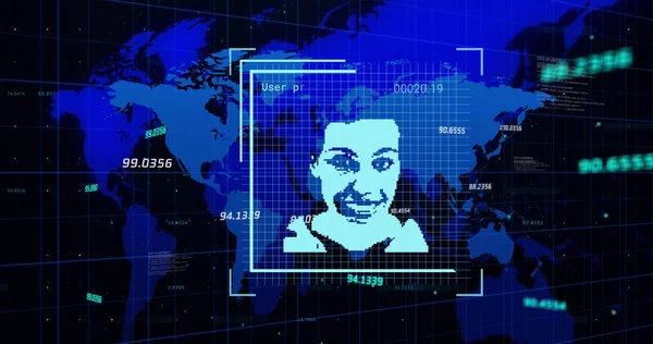 Image of financial data over world map and user photos on black background. business, finance, technology and digital interface concept digitally generated image.