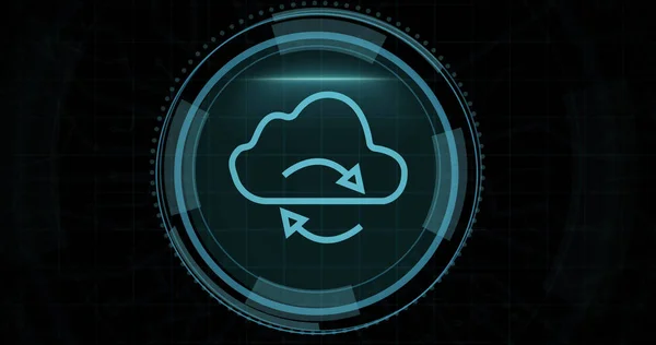 Composition of online security cloud icon on black background. Global online security, computing and data processing concept digitally generated image.
