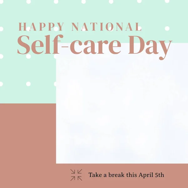 Composition of national self-care day text and copy space over pattern and white background. National self-care day and mental health awareness concept digitally generated image.