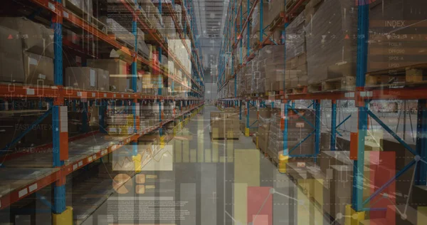 Image of graphs and financial data over warehouse. Finance, shopping and delivery business concept digitally generated image.