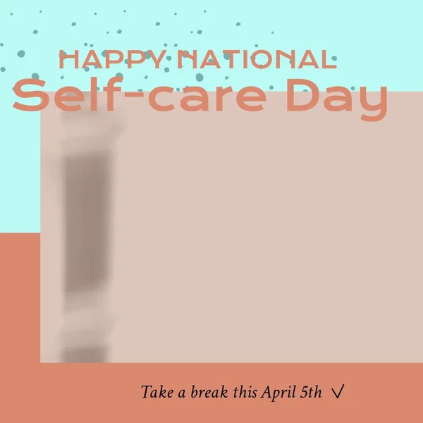 Composition of national self-care day text and copy space over pattern and grey background. National self-care day and mental health awareness concept digitally generated image.