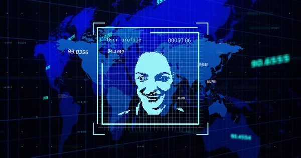 Image of financial data over world map and user photos on black background. business, finance, technology and digital interface concept digitally generated image.