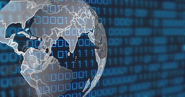 Image of globe and binary code on black background. data processing, network, computers and technology concept digitally generated image.