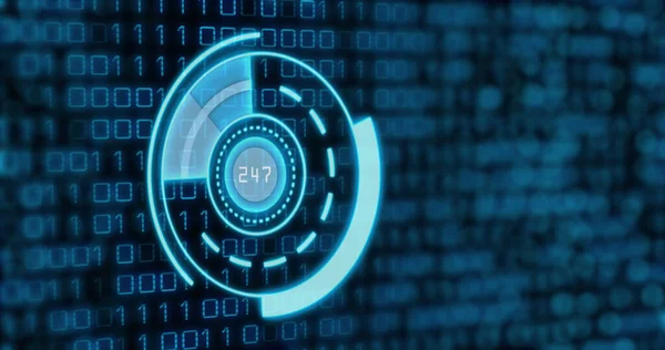 Image of blue circle with numbers over binary code. Computers, data processing and technology concept digitally generated image.