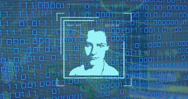 Composition of data processing with man portrait over shapes. Global technology, computing and digital interface concept digitally generated image.