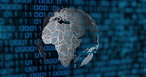 Image of globe and binary code on black background. data processing, network, computers and technology concept digitally generated image.