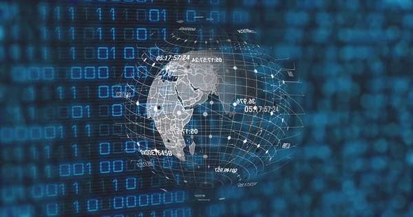 Image of globe and binary code on black background. data processing, network, computers and technology concept digitally generated image.