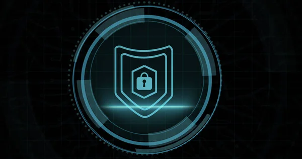 Composition of online security padlock icon on black background. Global online security, computing and data processing concept digitally generated image.