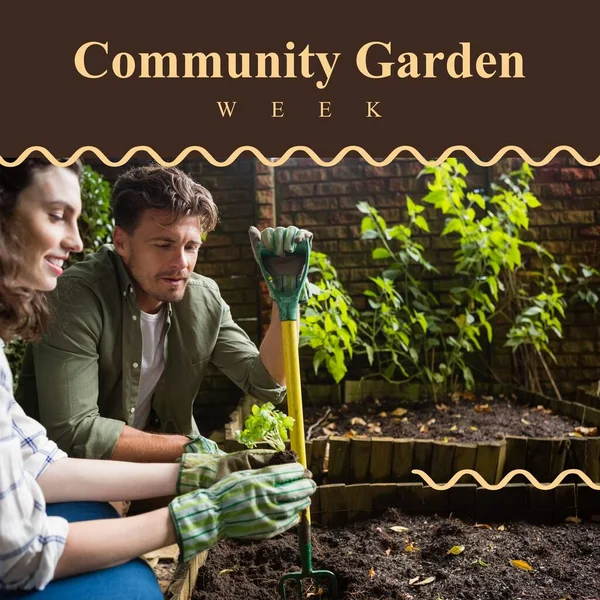 Composition of community garden week text over caucasian couple gardening. Community garden week concept digitally generated image.