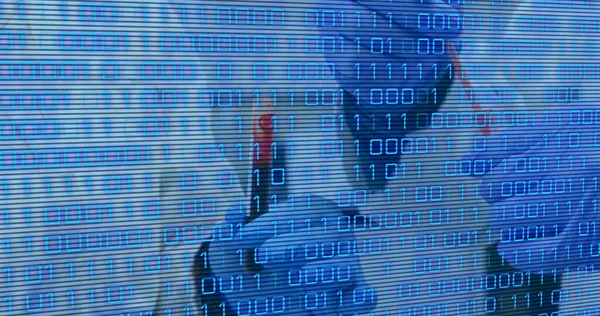 Image of binary code over hands of lab workers. Laboratory, medicine and technology concept digitally generated image.