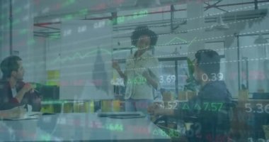 Animation of financial data processing over african american woman giving a presentation at office. Global economy and business technology concept