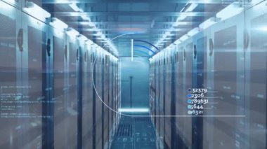 Animation of network of connections over server room. Global data processing connections and technology concept digitally generated video.