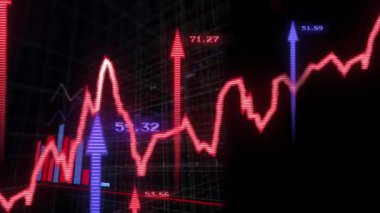 Animation of arrows and financial data processing on black background. Global business, finances and digital interface concept digitally generated video.