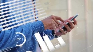 Animation of statistical data processing against mid section of man using smartphone. Business data technology concept