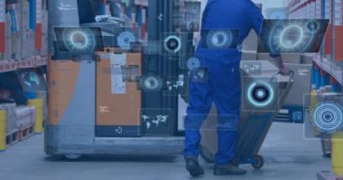 Animation of data processing with scope scanning over caucasian worker in warehouse. Global connections, computing and digital interface concept digitally generated video.