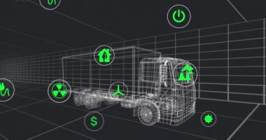 Animation of 3d truck and multiple icons in circles over grid moving on black background. Digitally generated, multiple exposure, electric, transport, hybrid, recycling, sustainable, futuristic.