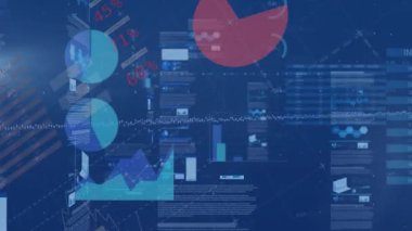 Animation of financial data processing and statistics over blue background. Global business, finances, computing and data processing concept digitally generated video.