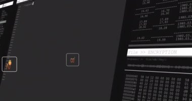 Animation of multiple digital icons over data processing against black background. Computer interface and business technology concept