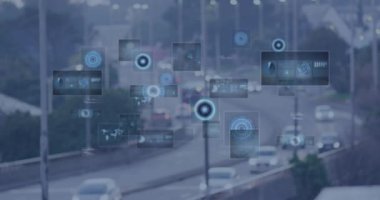Animation of data processing with scope scanning over street with cars. Global connections, computing and digital interface concept digitally generated video.