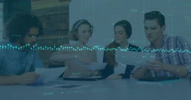 Animation of data processing over diverse colleagues discussing over documents at office. Global finance and business technology concept