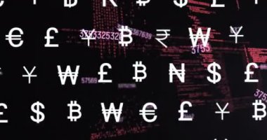 Animation of currency symbols with changing numbers and computer language on black background. Digitally generated, multiple exposure, finance, economy, coding, technology, futuristic concept.