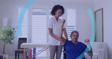 Animation of scope scanning over diverse doctor and patient exercising. Medicine, healthcare and lifestyle concept digitally generated video.