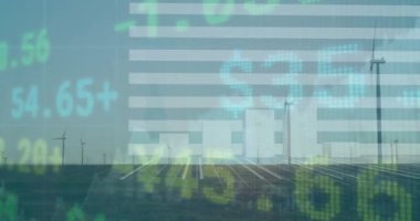 Animation of statistical and stock market data processing against spinning windmills on grasslands. Global economy and renewable energy technology concept