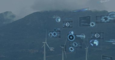 Animation of data processing with scope scanning over wind turbines. Global connections, computing and digital interface concept digitally generated video.