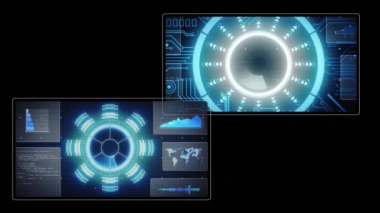 Animation of data processing with scope scanning on black background. Global connections, computing and digital interface concept digitally generated video.