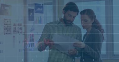 Animation of statistical data processing over caucasian man and woman discussing over a document. Business data technology concept