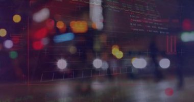 Animation of stock market and statistical data processing against night city street. Global economy and business data technology concept