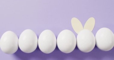 White easter eggs with rabbit ears on purple background with copy space. Easter, tradition and celebration concept.