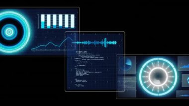 Animation of data processing with scope scanning on black background. Global connections, computing and digital interface concept digitally generated video.