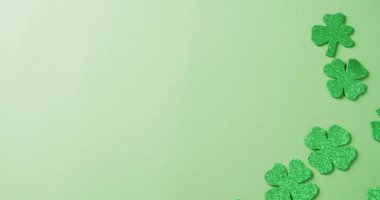 Video of st patrick's green shamrock leaves with copy space on green background. St patrick's day, irish tradition and celebration concept.