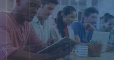 Animation of data processing over african american using digital tablet smiling at office. Business data technology concept